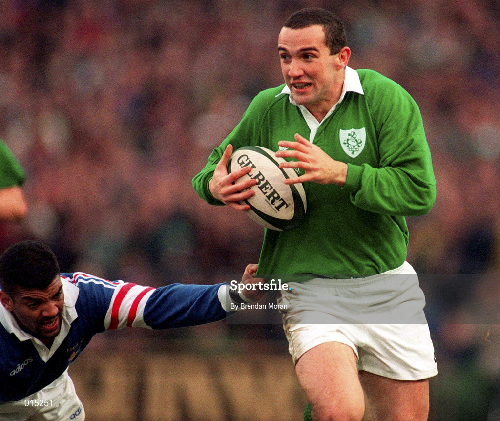 18 January 1997; Conor O'Shea of Ireland is tackled by Émile Ntamack of France during the Five Nations Rugby Championship match between Ireland and France at Lansdowne Road in Dublin. Photo by Brendan Moran/Sportsfile
