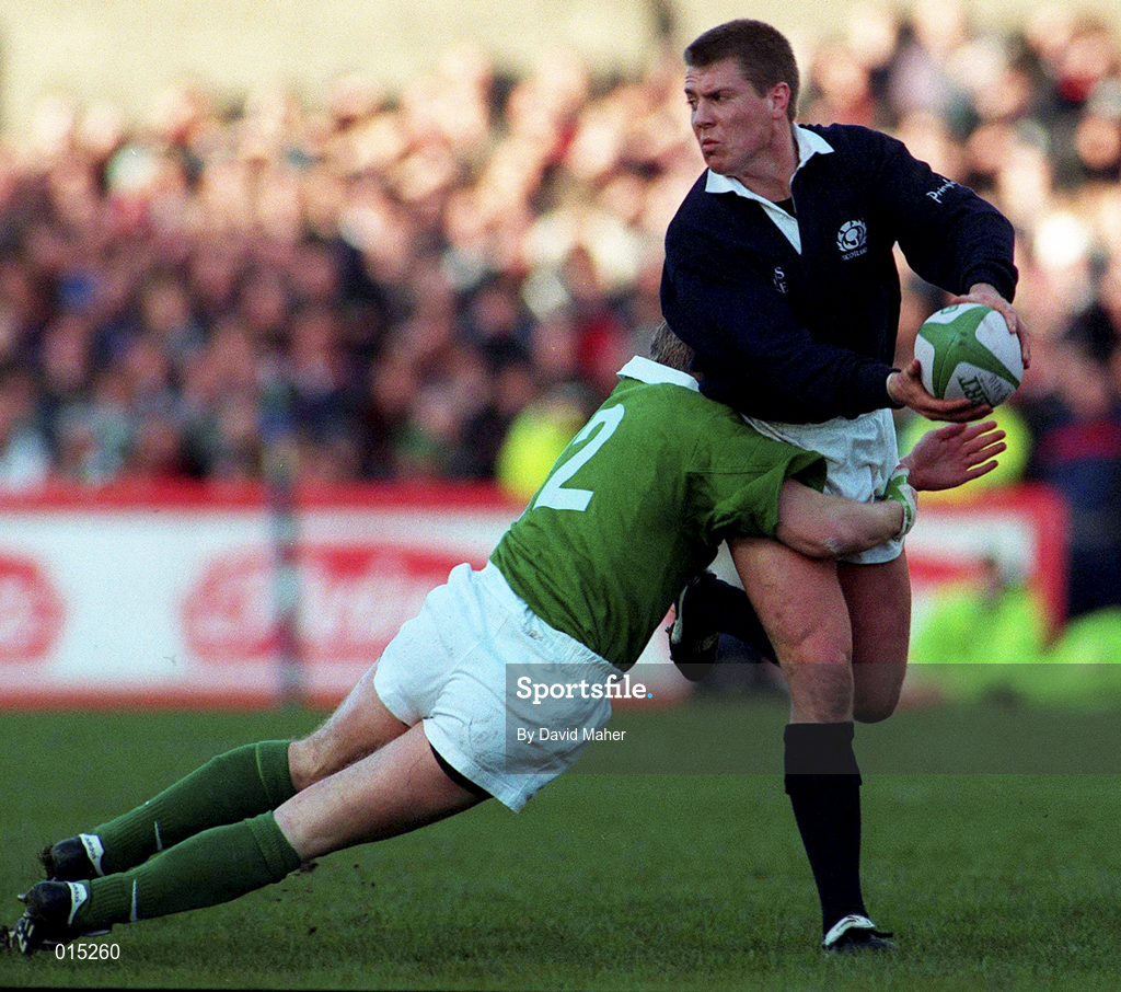 7 February 1998; Craig Chalmers of Scotland is tackled by Mark McCall of Ireland during the Five Nations Rugby Championship match between Ireland and Scotland at Lansdowne Road in Dublin, Ireland. Photo by David Maher/Sportsfile