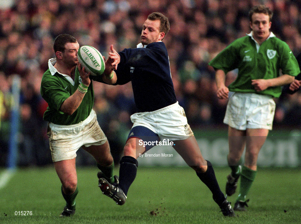 7 February 1998; David Corkery of Ireland is tackled by Rowen Shepard of Scotland during the Five Nations Rugby Championship match between Ireland and Scotland at Lansdowne Road in Dublin, Ireland. Photo by Brendan Moran/Sportsfile