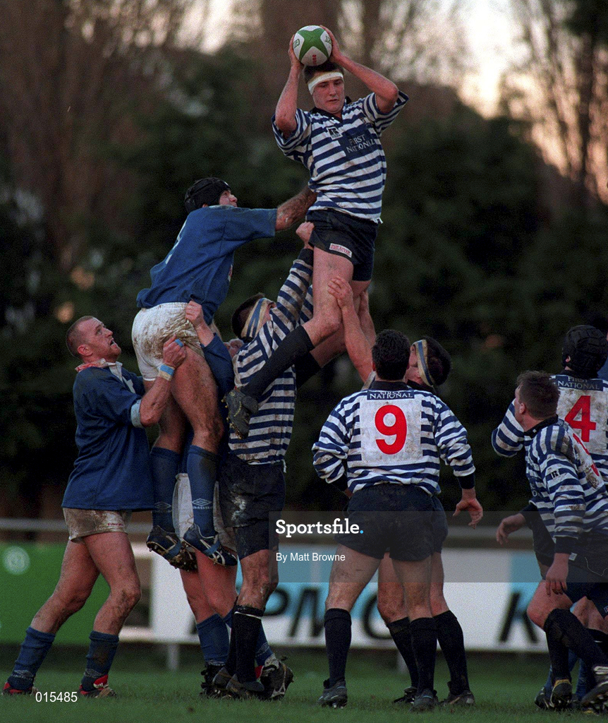 22 November 1997; Hubie Kos of Blackrock College wins a lineout against Frank Fitzgerald of St Mary's College during the All-Ireland League Division 1 match between St Mary's College RFC and Blackrock College RFC at Templeville Road in Dublin. Photo by Matt Browne/Sportsfile