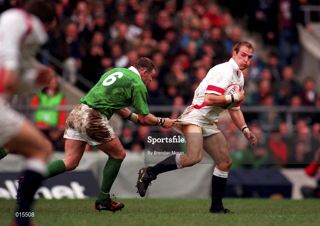 4 April 1998; Laurence Dallaglio of Ireland is tackled by David Corkery of Ireland during the Five Nations Rugby Championship match between England and Ireland at Twickenham Stadium in London, England. Photo by Brendan Moran/Sportsfile