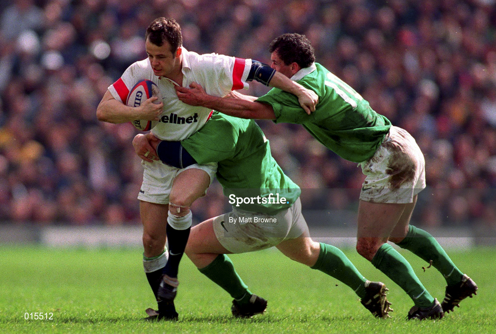 4 April 1998; Austin Healey of England is tackled by Paul Wallace and Eric Elwood of Ireland during the Five Nations Rugby Championship match between England and Ireland at Twickenham Stadium in London, England. Photo by Matt Browne/Sportsfile