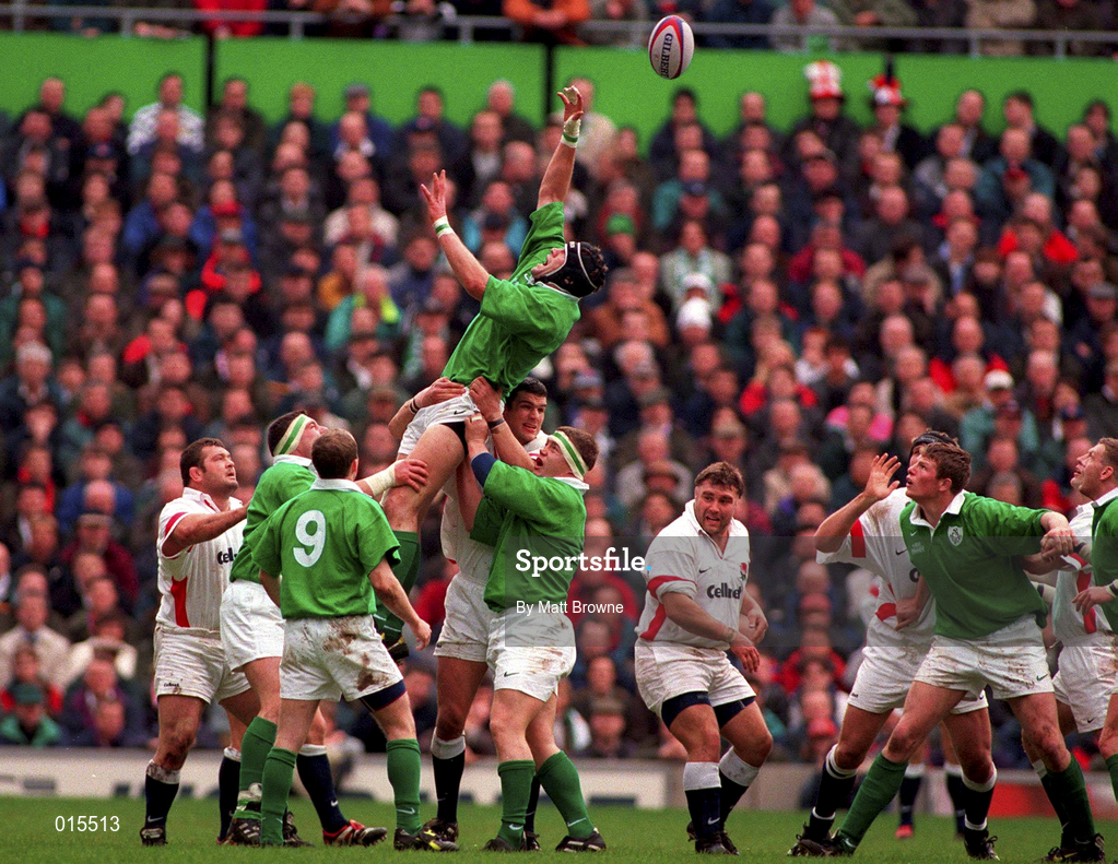 4 April 1998; Paddy Johns of Ireland contests a lineout ball during the Five Nations Rugby Championship match between England and Ireland at Twickenham Stadium in London, England. Photo by Matt Browne/Sportsfile