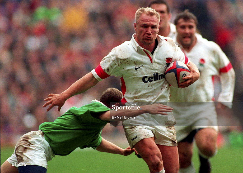 4 April 1998; Neil Back of England is tackled by Conor McGuinness of Ireland during the Five Nations Rugby Championship match between England and Ireland at Twickenham Stadium in London, England. Photo by Matt Browne/Sportsfile