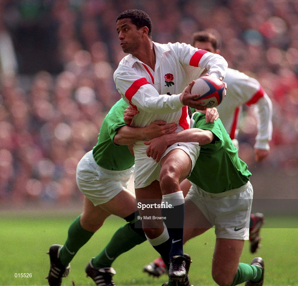 4 April 1998; Jeremy Guscott of England is tackled by Ciaran Clarke, left, and Eric Elwood of ireland during the Five Nations Rugby Championship match between England and Ireland at Twickenham Stadium in London, England. Photo by Matt Browne/Sportsfile
