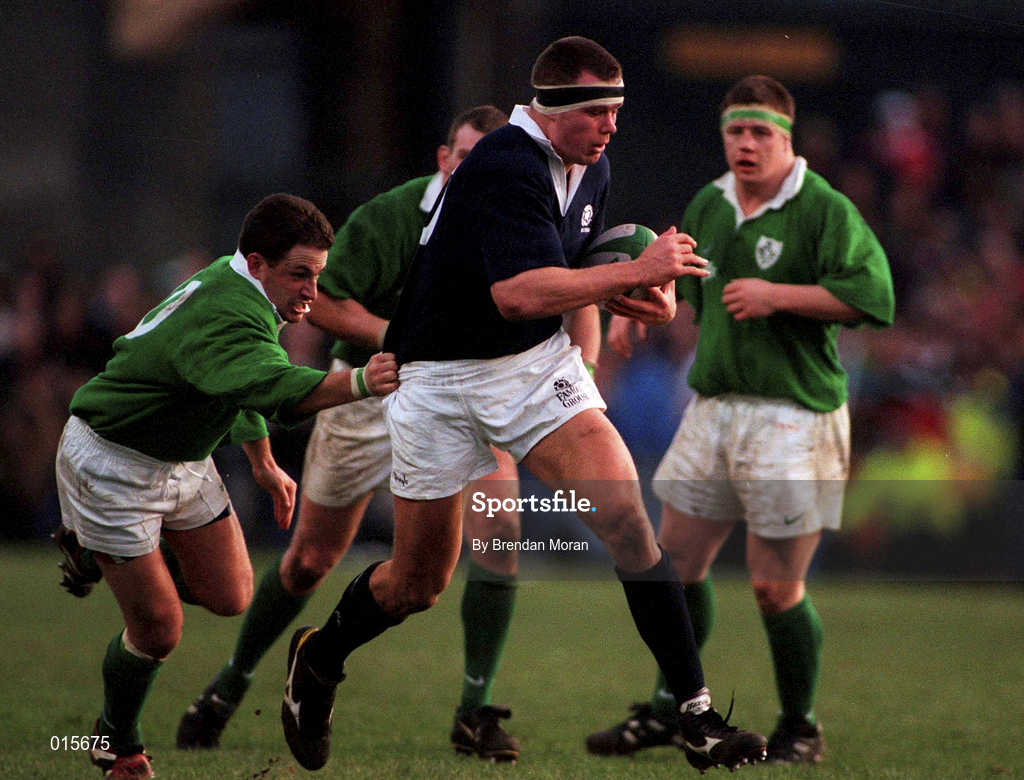 7 February 1998; Stuart Grimes of Scotland is tackled by David Humphreys of ireland during the Five Nations Rugby Championship match between Ireland and Scotland at Lansdowne Road in Dublin, Ireland. Photo by Brendan Moran/Sportsfile