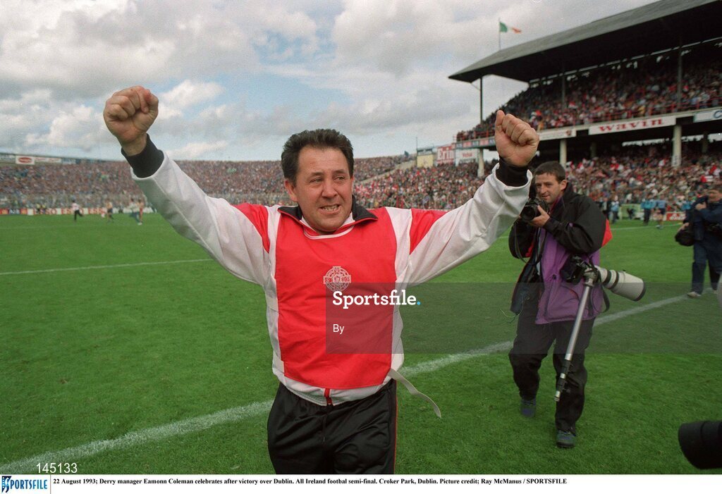 22 August 1993; Derry manager Eamonn Coleman celebrates after victory over Dublin. All Ireland footbal semi-final. Croker Park, Dublin. Picture credit; Ray McManus / SPORTSFILE