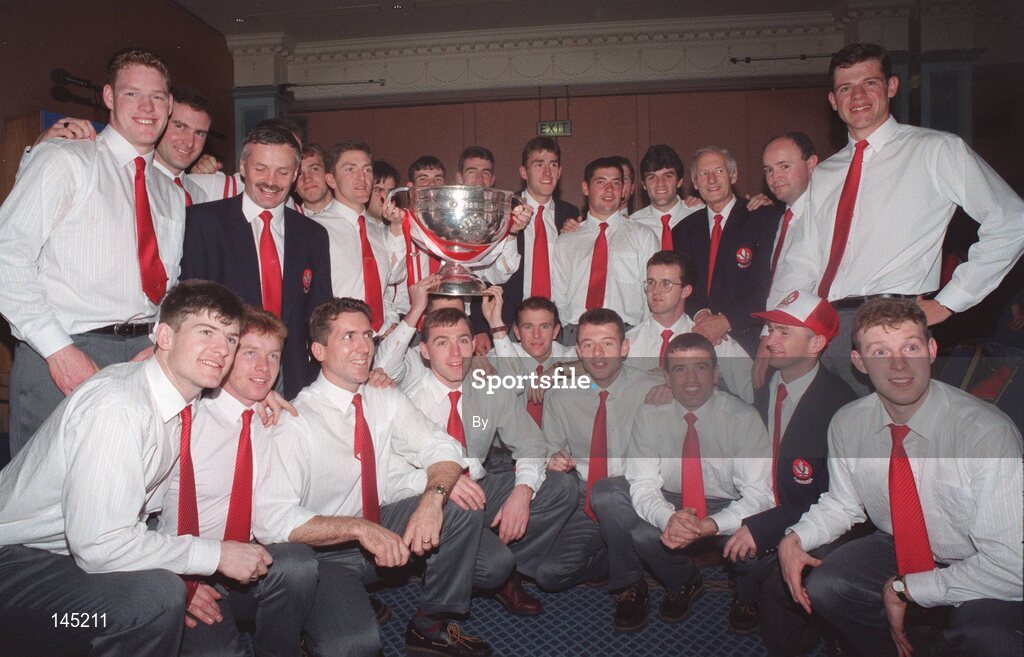 19 September 1993; The Derry team celebrate with the Sam Maguire cup after victory over Cork in the All-Ireland Football Championship Final. Burlington Hotel, Dublin. Picture credit; Ray McManus / SPORTSFILE
