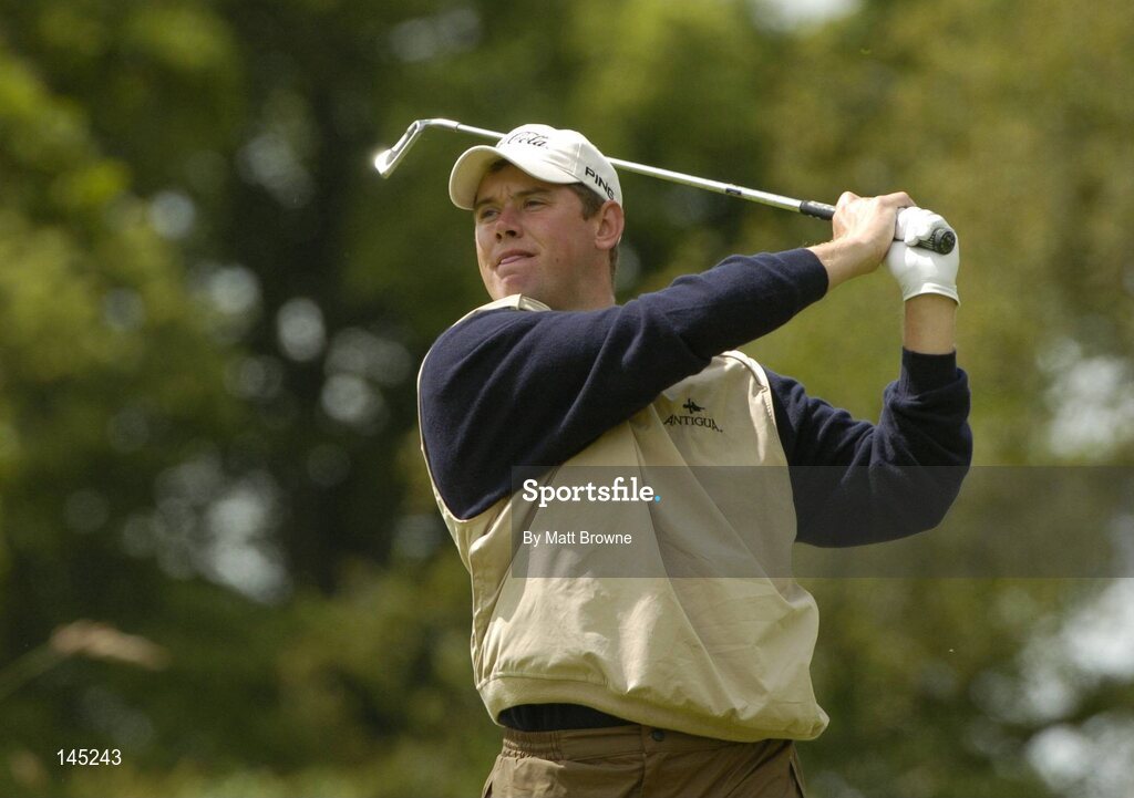 2 July 2004; Lee Westwood watches his tee shot from the 8th tee box during the Smurfit European Open. South Course, K Club, Straffan, Co. Kildare, Ireland. Picture credit; Matt Browne / SPORTSFILE