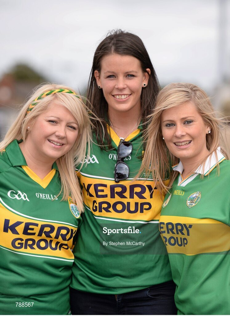 1 September 2013; Kerry supporters Denise O'Sullivan, left, Loretta Maher and Stacey O'Leary, right, all from Killarney, Co. Kerry, ahead of the game. GAA Football All-Ireland Senior Championship, Semi-Final, Dublin v Kerry, Croke Park, Dublin. Picture credit: Stephen McCarthy / SPORTSFILE