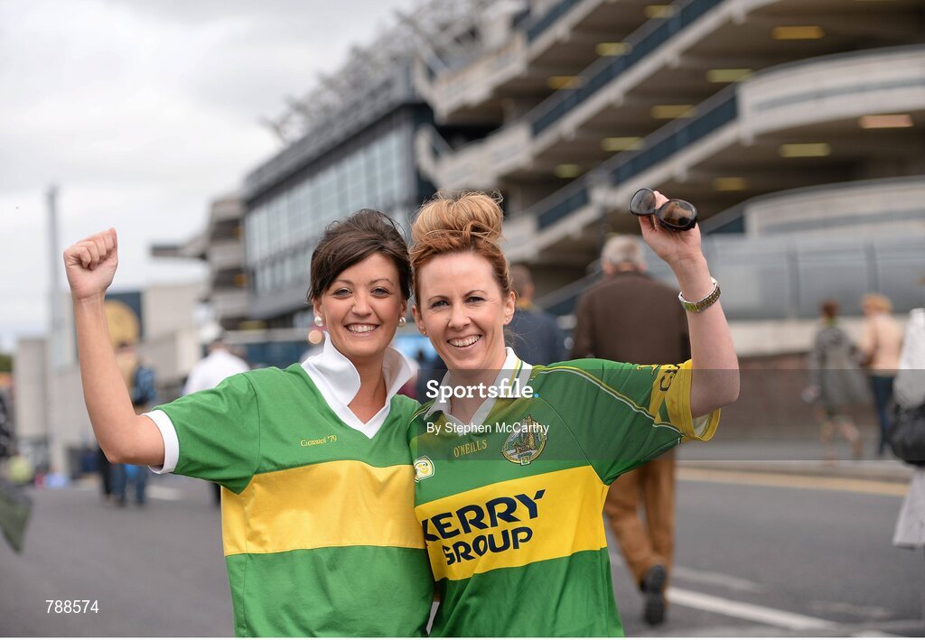 1 September 2013; Kerry supporters Elaine Daly, left, from Tralee, and Maria Fitzgerald, from Kilarney, Co.Kerry before the game. GAA Football All-Ireland Senior Championship, Semi-Final, Dublin v Kerry, Croke Park, Dublin. Picture credit: Stephen McCarthy / SPORTSFILE