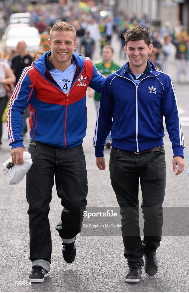 1 September 2013; Leinster's Ian Madigan, left, with his friend David Green on the way to the game. GAA Football All-Ireland Senior Championship, Semi-Final, Dublin v Kerry, Croke Park, Dublin. Picture credit: Stephen McCarthy / SPORTSFILE