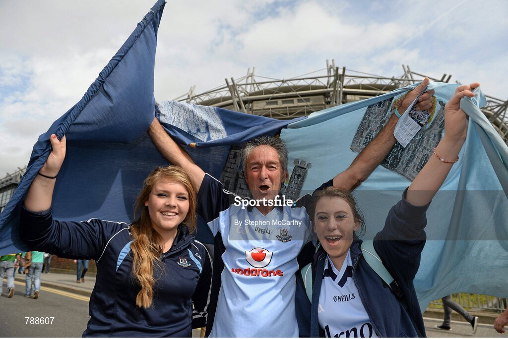 1 September 2013; Dublin supporters, from left, Sophia Martin, from Blanchardstown, Martin Ellis, from Finglas South and Rachel Magee, also from Blanchardstown, Dublin, ahead of the game. GAA Football All-Ireland Senior Championship, Semi-Final, Dublin v Kerry, Croke Park, Dublin. Picture credit: Stephen McCarthy / SPORTSFILE