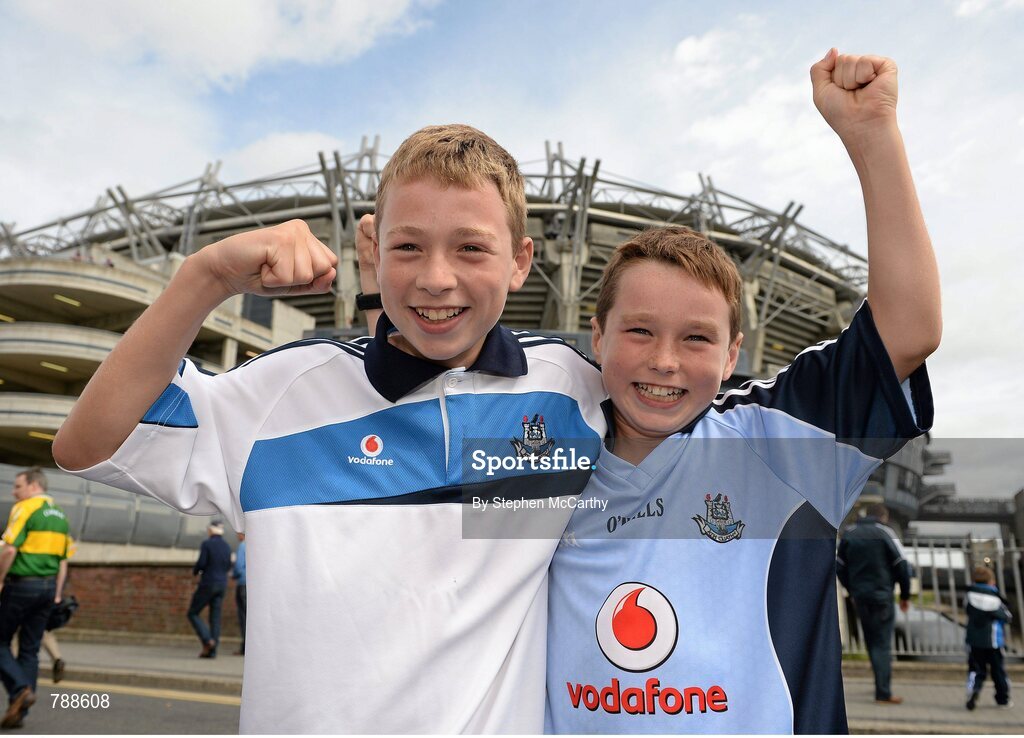 1 September 2013; Dublin supporters Keelin, ages 13, and his brother Calum Stout, aged 10, from Crumlin, Dublin, ahead of the game. GAA Football All-Ireland Senior Championship, Semi-Final, Dublin v Kerry, Croke Park, Dublin. Picture credit: Stephen McCarthy / SPORTSFILE