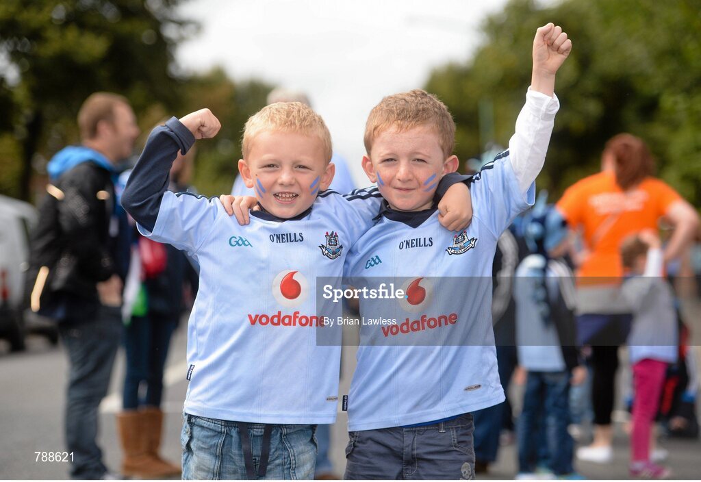 1 September 2013; Dublin supporters and brothers Conal, age 6, and Senan, Doohan, age 7, right, from the Navan Road, Dublin. GAA Football All-Ireland Senior Championship, Semi-Final, Dublin v Kerry, Croke Park, Dublin. Picture credit: Brian Lawless / SPORTSFILE