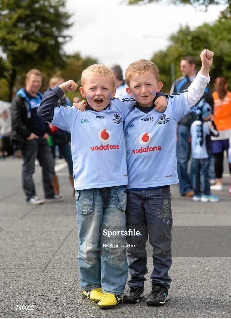 1 September 2013; Dublin supporters and brothers Conal, age 6, and Senan, Doohan, age 7, right, from the Navan Road, Dublin. GAA Football All-Ireland Senior Championship, Semi-Final, Dublin v Kerry, Croke Park, Dublin. Picture credit: Brian Lawless / SPORTSFILE