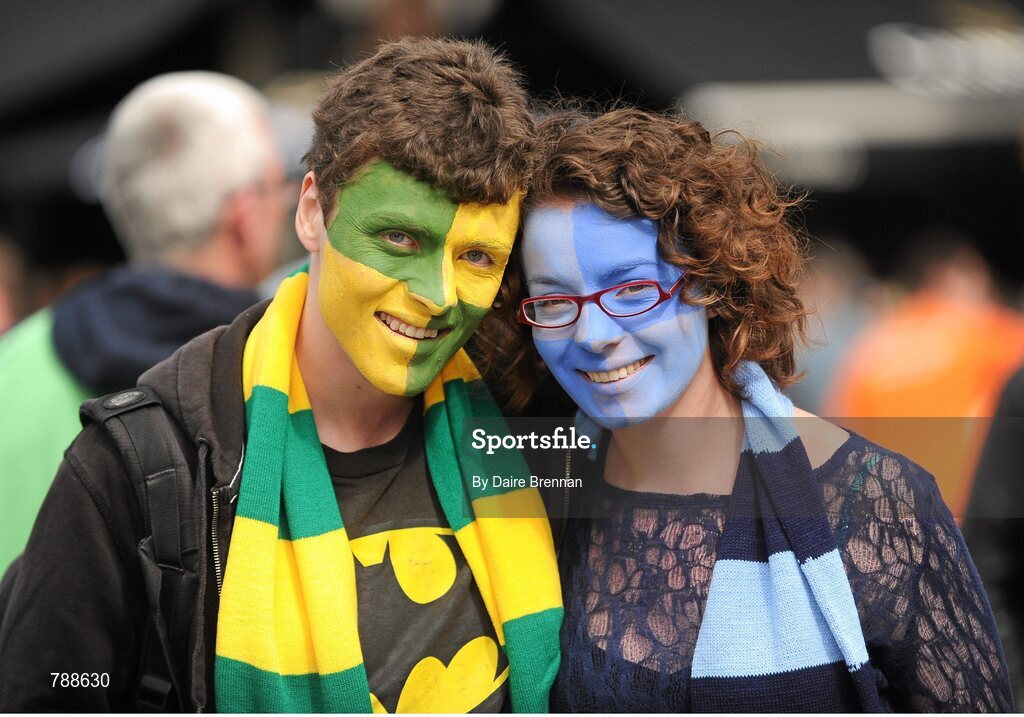 1 September 2013; Kerry supporter Oisín Brogan, from Farranfore, Co. Kerry, and Dublin supporter Sarah Grace, from Dún Laoghaire, Co. Dublin. GAA Football All-Ireland Senior Championship, Semi-Final, Dublin v Kerry, Croke Park, Dublin. Picture credit: Dáire Brennan / SPORTSFILE