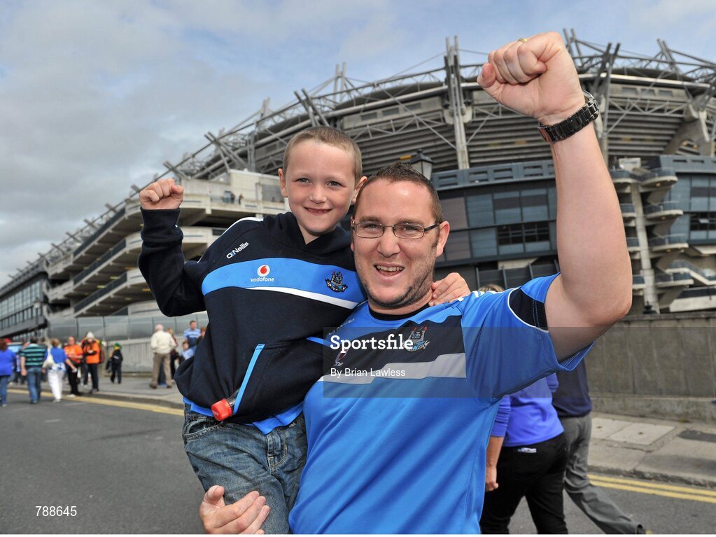 1 September 2013; Dublin supporters Alan McHugh and his son Jack, age 7, on their way to the match. GAA Football All-Ireland Senior Championship, Semi-Final, Dublin v Kerry, Croke Park, Dublin. Picture credit: Brian Lawless / SPORTSFILE
