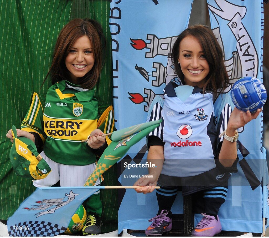 1 September 2013; Nicola Trainor, supporting Kerry, and Noleen Brady, supporting Dublin, before the game. GAA Football All-Ireland Senior Championship, Semi-Final, Dublin v Kerry, Croke Park, Dublin. Picture credit: Dáire Brennan / SPORTSFILE