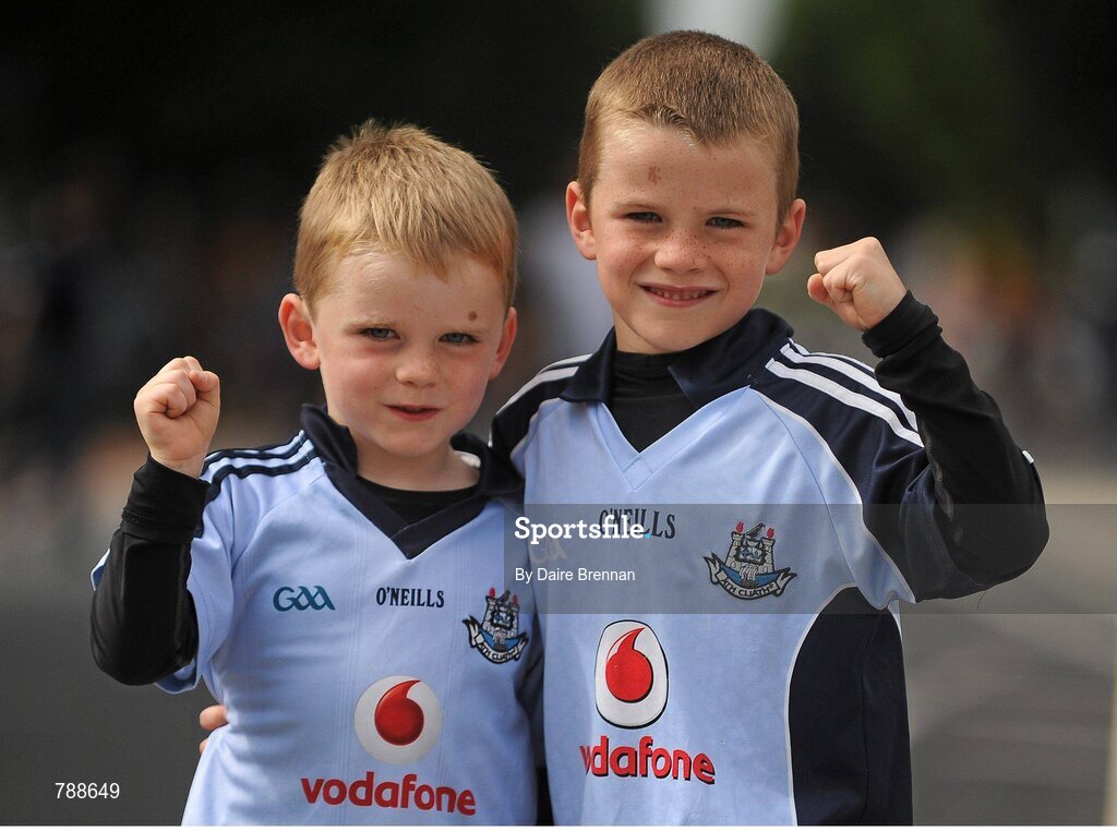 1 September 2013; Dublin supporters Cian McShane, aged 7, right, and his brother Loughlin, aged 4, from Garristown, Co. Dublin, ahead of the game. GAA Football All-Ireland Senior Championship, Semi-Final, Dublin v Kerry, Croke Park, Dublin. Picture credit: Dáire Brennan / SPORTSFILE