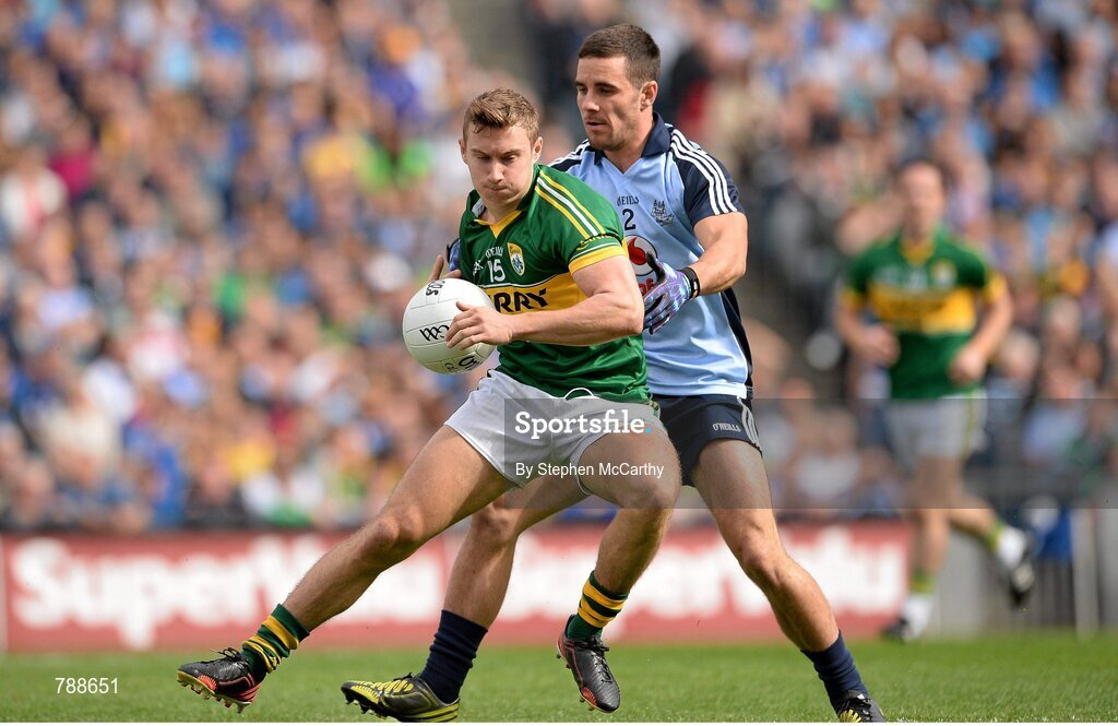 1 September 2013; James O'Donoghue, Kerry, in action against Kevin O'Brien, Dublin. GAA Football All-Ireland Senior Championship, Semi-Final, Dublin v Kerry, Croke Park, Dublin. Picture credit: Stephen McCarthy / SPORTSFILE