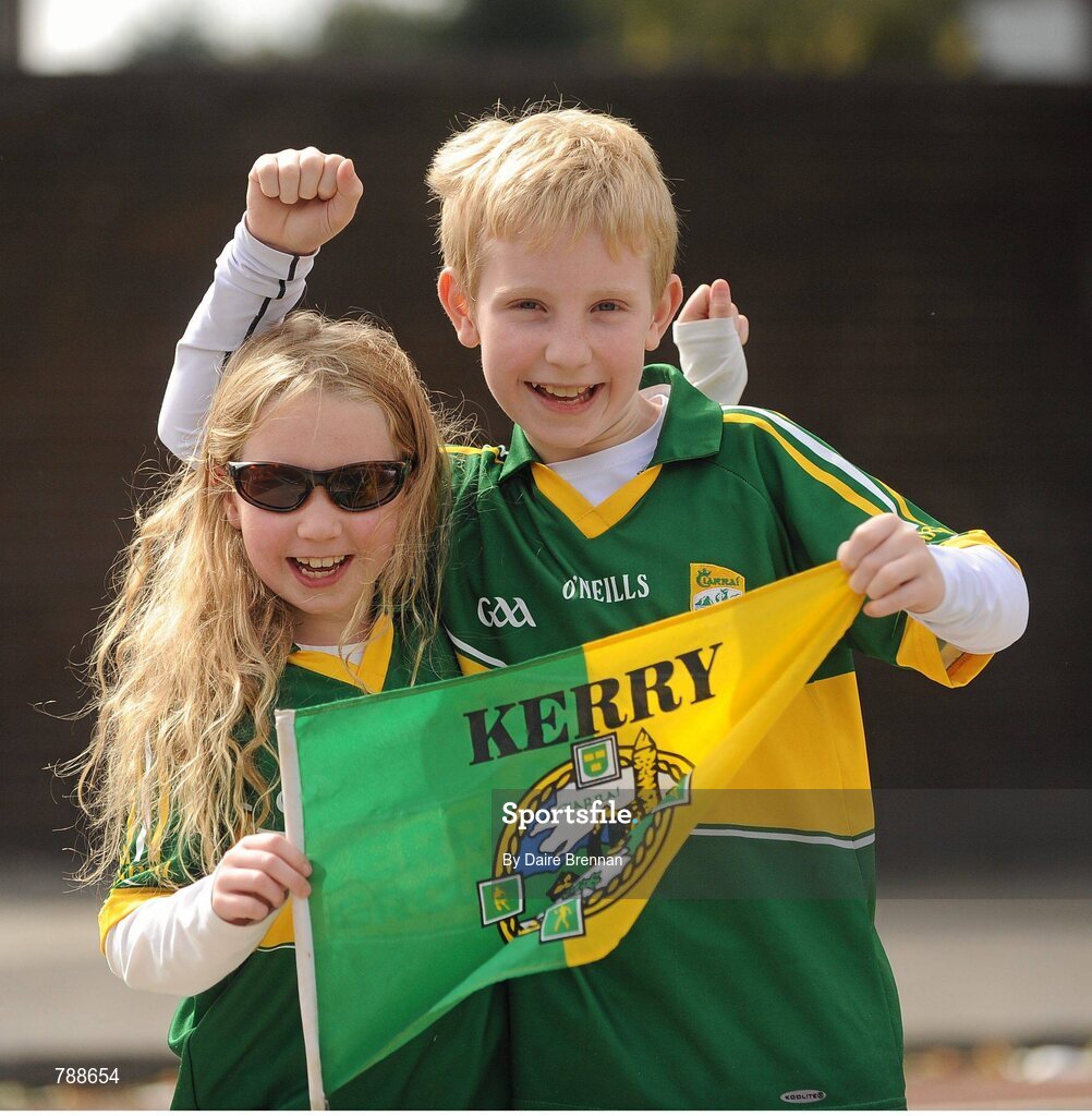 1 September 2013; Kerry supporters Niamh Shanahan, aged 9, and her brother Eoin, aged 12, from Listowel, Co. Kerry, on their way to the game. GAA Football All-Ireland Senior Championship, Semi-Final, Dublin v Kerry, Croke Park, Dublin. Picture credit: Dáire Brennan / SPORTSFILE