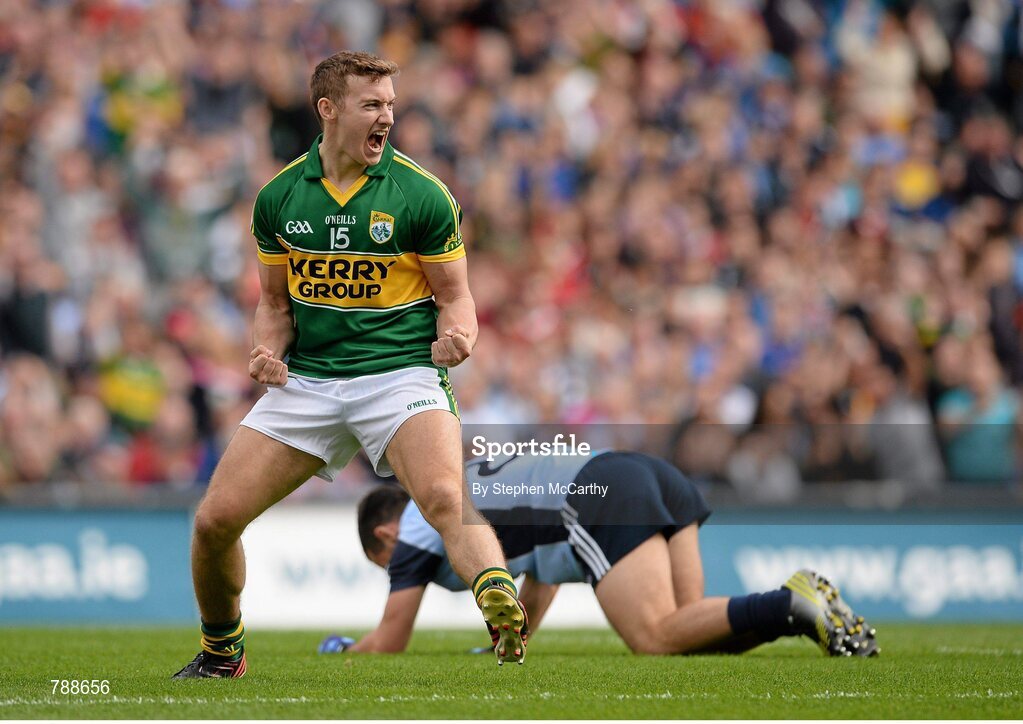 1 September 2013; James O'Donoghue, Kerry, celebrates after scoring his side's first goal. GAA Football All-Ireland Senior Championship, Semi-Final, Dublin v Kerry, Croke Park, Dublin. Picture credit: Stephen McCarthy / SPORTSFILE