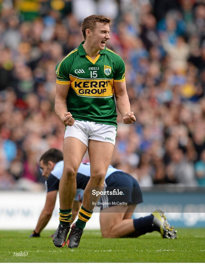 1 September 2013; James O'Donoghue, Kerry, celebrates after scoring his side's first goal. GAA Football All-Ireland Senior Championship, Semi-Final, Dublin v Kerry, Croke Park, Dublin. Picture credit: Stephen McCarthy / SPORTSFILE