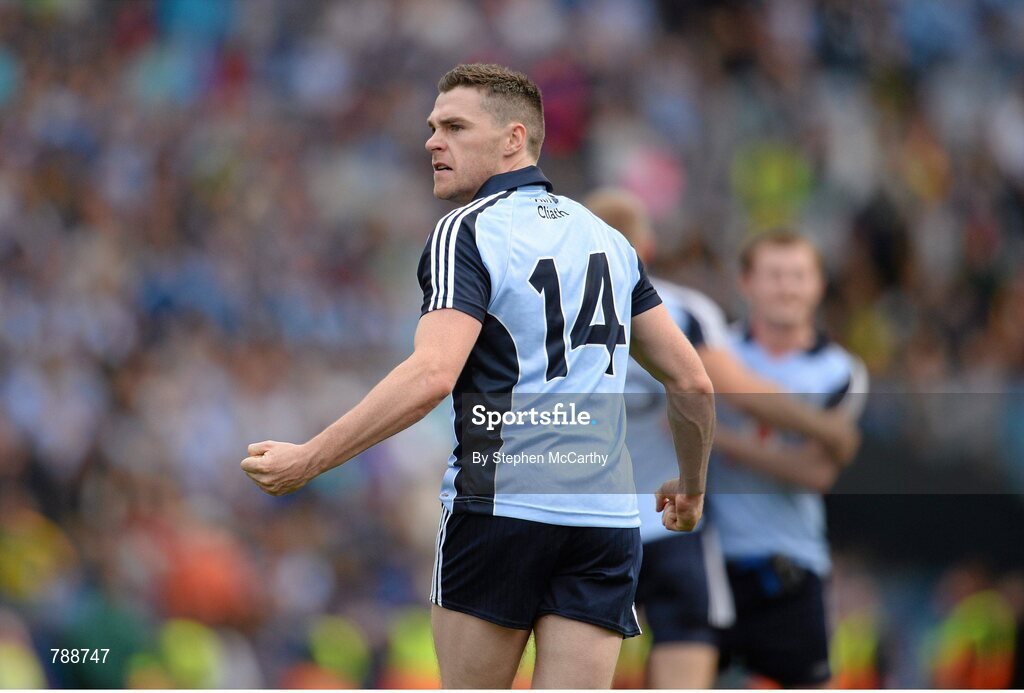 1 September 2013; Dublin's Paddy Andrews celebrates at the final whistle. GAA Football All-Ireland Senior Championship, Semi-Final, Dublin v Kerry, Croke Park, Dublin. Picture credit: Stephen McCarthy / SPORTSFILE