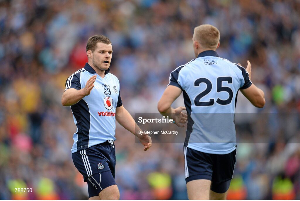 1 September 2013; Dublin's Kevin McManamon, left, and Eoghan O'Gara following their side's victory. GAA Football All-Ireland Senior Championship, Semi-Final, Dublin v Kerry, Croke Park, Dublin. Picture credit: Stephen McCarthy / SPORTSFILE