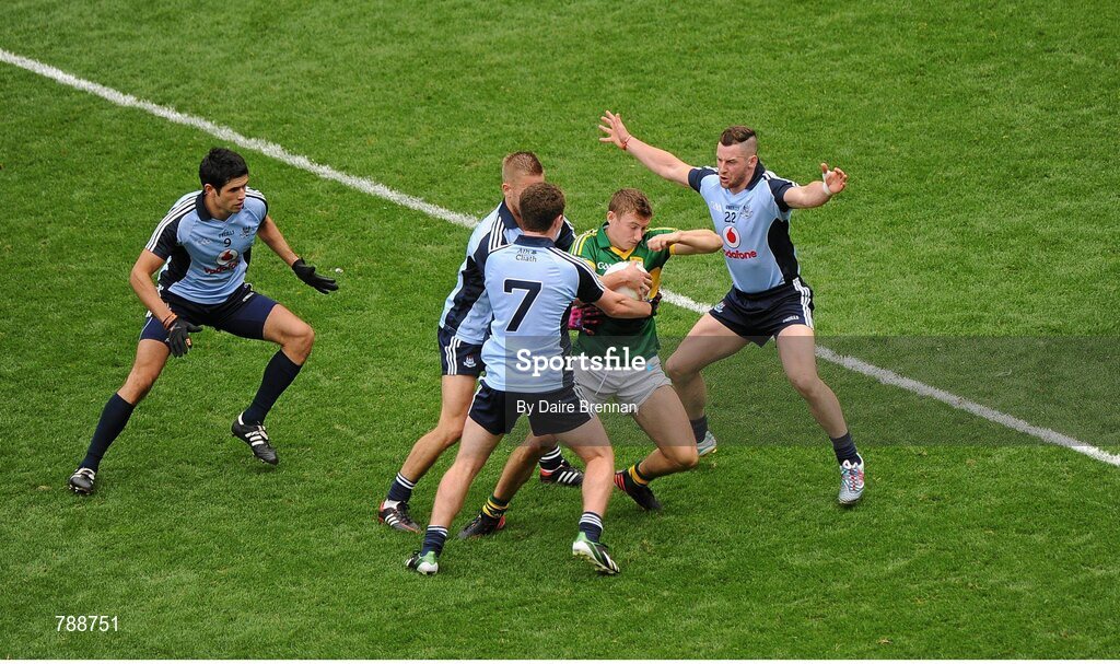 1 September 2013; James O'Donoghue, Kerry, in action against Dublin players, left ot right, Cian O'Sullivan, John Cooper, Jack McCaffrey, and Philip McMahon. GAA Football All-Ireland Senior Championship, Semi-Final, Dublin v Kerry, Croke Park, Dublin. Picture credit: Dáire Brennan / SPORTSFILE