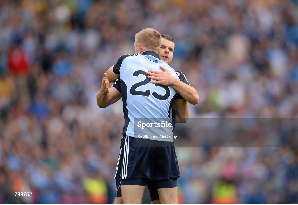 1 September 2013; Dublin's Kevin McManamon, right, and Eoghan O'Gara following their side's victory. GAA Football All-Ireland Senior Championship, Semi-Final, Dublin v Kerry, Croke Park, Dublin. Picture credit: Stephen McCarthy / SPORTSFILE