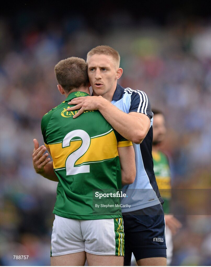 1 September 2013; Dublin's Eoghan O'Gara consoles Kerry's Marc Ó Sé after the game. GAA Football All-Ireland Senior Championship, Semi-Final, Dublin v Kerry, Croke Park, Dublin. Picture credit: Stephen McCarthy / SPORTSFILE