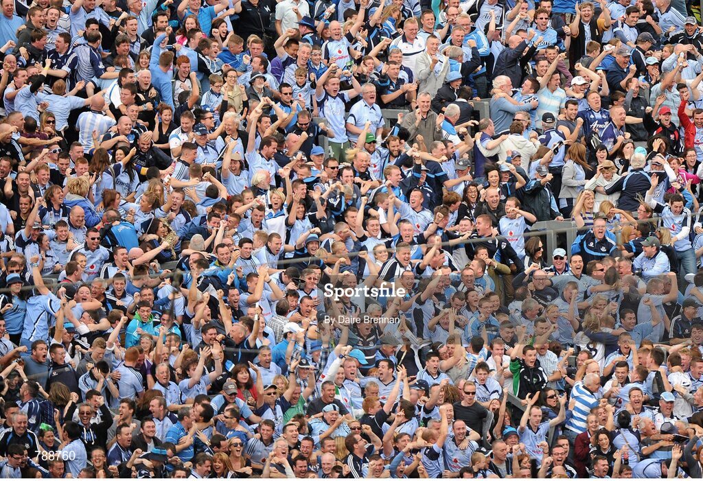 1 September 2013; Dublin supporters on Hill 16 celebrate after Kevin McManamon scored his side's second goal. GAA Football All-Ireland Senior Championship, Semi-Final, Dublin v Kerry, Croke Park, Dublin. Picture credit: Dáire Brennan / SPORTSFILE
