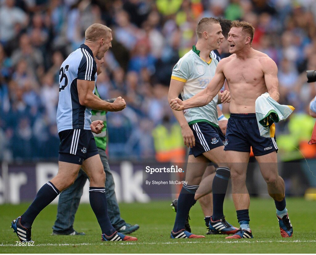 1 September 2013; Dublin's Paul Flynn, right, and Eoghan O'Gara celebrate their side's victory. GAA Football All-Ireland Senior Championship, Semi-Final, Dublin v Kerry, Croke Park, Dublin. Picture credit: Stephen McCarthy / SPORTSFILE
