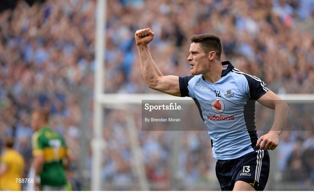 1 September 2013; Diarmuid Connolly, Dublin, celebrates scoring a point, after Dublin scored their second goal, to put his side 4 point ahead in the closing minutes of the game. GAA Football All-Ireland Senior Championship, Semi-Final, Dublin v Kerry, Croke Park, Dublin. Picture credit: Brendan Moran / SPORTSFILE