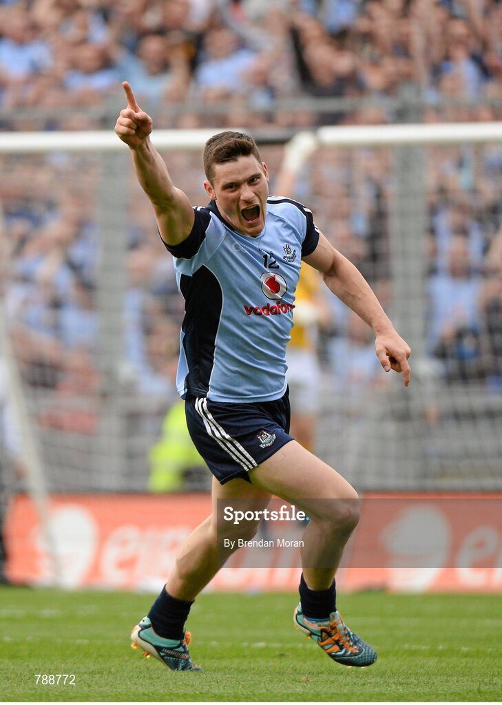 1 September 2013; Diarmuid Connolly, Dublin, celebrates scoring a point, after Dublin scored their second goal, to put his side 4 points ahead in the closing minutes of the game. GAA Football All-Ireland Senior Championship, Semi-Final, Dublin v Kerry, Croke Park, Dublin. Picture credit: Brendan Moran / SPORTSFILE