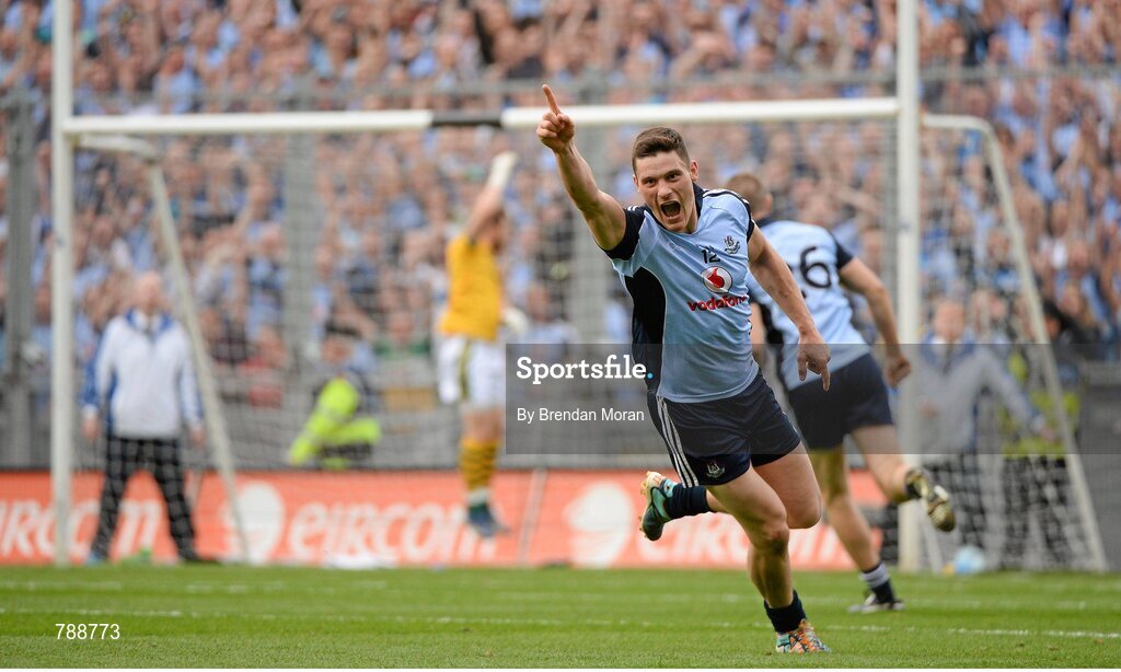 1 September 2013; Diarmuid Connolly, Dublin, celebrates scoring a point, after Dublin scored their second goal, to put his side 4 points ahead in the closing minutes of the game. GAA Football All-Ireland Senior Championship, Semi-Final, Dublin v Kerry, Croke Park, Dublin. Picture credit: Brendan Moran / SPORTSFILE