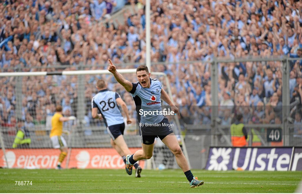 1 September 2013; Diarmuid Connolly, Dublin, celebrates scoring a point, after Dublin scored their second goal, to put his side 4 points ahead in the closing minutes of the game. GAA Football All-Ireland Senior Championship, Semi-Final, Dublin v Kerry, Croke Park, Dublin. Picture credit: Brendan Moran / SPORTSFILE