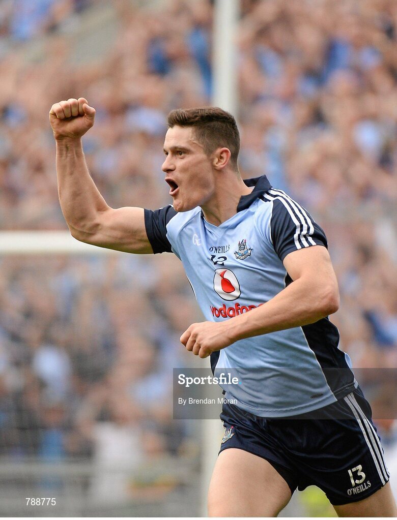 1 September 2013; Diarmuid Connolly, Dublin, celebrates scoring a point, after Dublin scored their second goal, to put his side 4 points ahead in the closing minutes of the game. GAA Football All-Ireland Senior Championship, Semi-Final, Dublin v Kerry, Croke Park, Dublin. Picture credit: Brendan Moran / SPORTSFILE