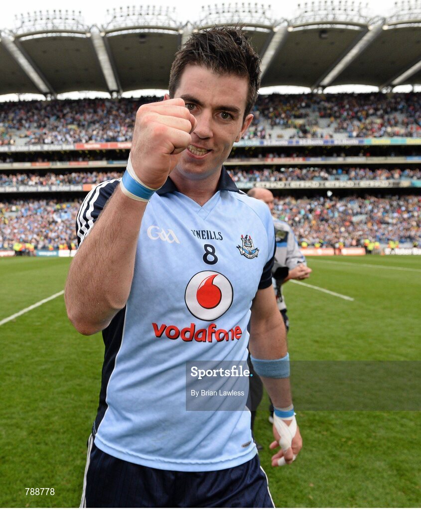 1 September 2013; Michael Darragh MacAuley, Dublin, celebrates after the match. GAA Football All-Ireland Senior Championship, Semi-Final, Dublin v Kerry, Croke Park, Dublin. Picture credit: Brian Lawless / SPORTSFILE