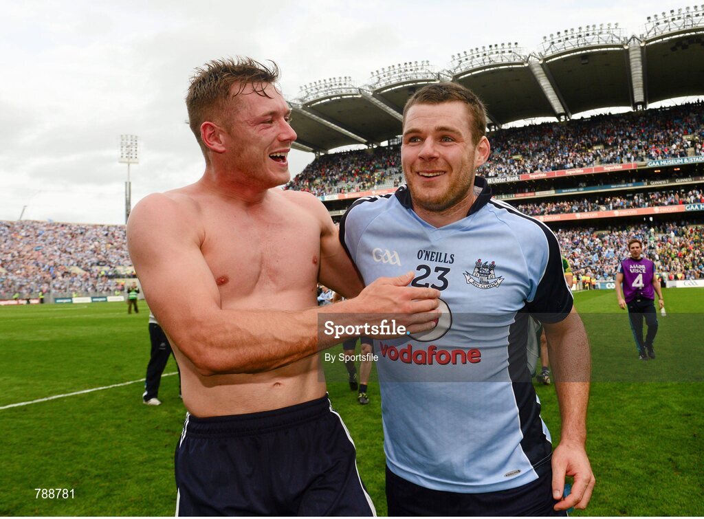 1 September 2013; Paul Flynn, left, Dublin, celebrates with team-mate Kevin McManamon after the game. GAA Football All-Ireland Senior Championship, Semi-Final, Dublin v Kerry, Croke Park, Dublin. Photo by Sportsfile