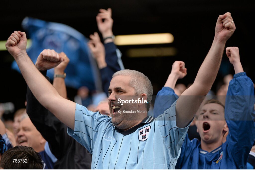 1 September 2013; A Dublin supporter cheers a score by his side during the game. GAA Football All-Ireland Senior Championship, Semi-Final, Dublin v Kerry, Croke Park, Dublin. Picture credit: Brendan Moran / SPORTSFILE