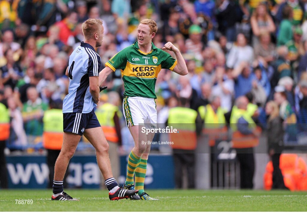 1 September 2013; Kerry's Colm Cooper has words with Dublin's Jonny Cooper after the match. GAA Football All-Ireland Senior Championship, Semi-Final, Dublin v Kerry, Croke Park, Dublin. Picture credit: Brian Lawless / SPORTSFILE