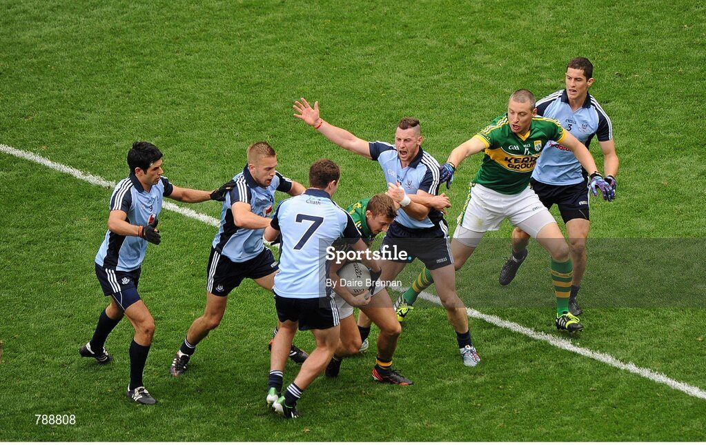 1 September 2013; James O'Donoghue, left, and Kieran Donaghy, Kerry, in action against Dublin players, left to right, Cian O'Sullivan, John Cooper, Jack McCaffrey, Philip McMahon and Rory O'Carroll. GAA Football All-Ireland Senior Championship, Semi-Final, Dublin v Kerry, Croke Park, Dublin. Picture credit: Dáire Brennan / SPORTSFILE
