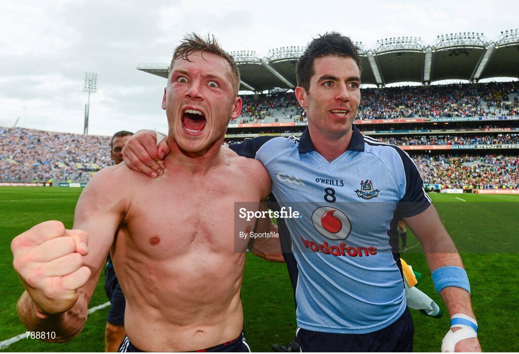 1 September 2013; Paul Flynn, left, and Michael Darragh MacAuley, Dublin, celebrate after the game. GAA Football All-Ireland Senior Championship, Semi-Final, Dublin v Kerry, Croke Park, Dublin. Photo by Sportsfile