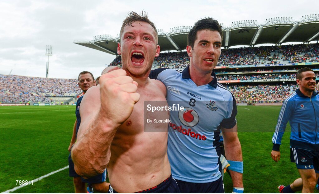 1 September 2013; Paul Flynn, left, and Michael Darragh MacAuley, Dublin, celebrate after the game. GAA Football All-Ireland Senior Championship, Semi-Final, Dublin v Kerry, Croke Park, Dublin. Photo by Sportsfile