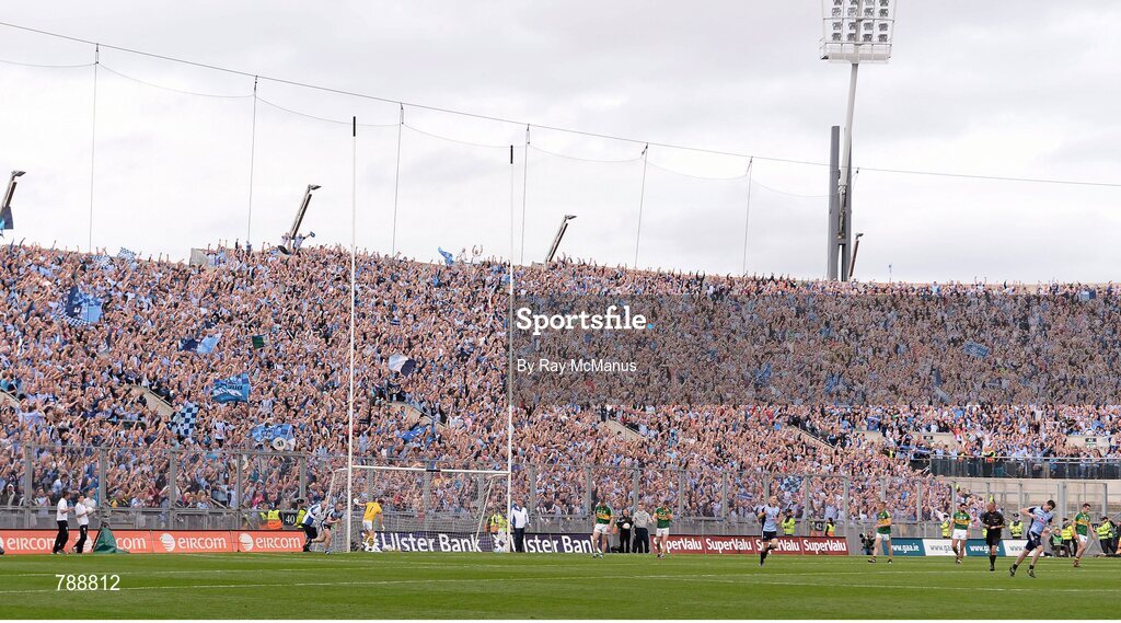 1 September 2013; Dublin supporters on Hill 16 celebrate the third Dublin goal. GAA Football All-Ireland Senior Championship, Semi-Final, Dublin v Kerry, Croke Park, Dublin. Picture credit: Ray McManus / SPORTSFILE