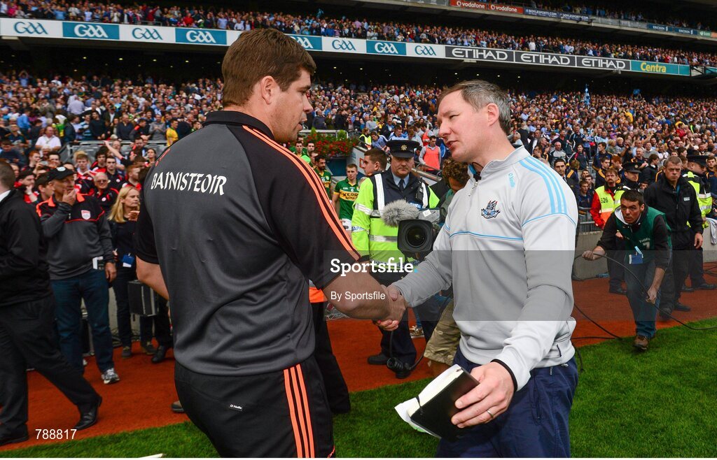 1 September 2013; Dublin manager Jim Gavin, right, shakes hands with Kerry manager Eamonn Fitzmaurice after the game. GAA Football All-Ireland Senior Championship, Semi-Final, Dublin v Kerry, Croke Park, Dublin. Photo by Sportsfile