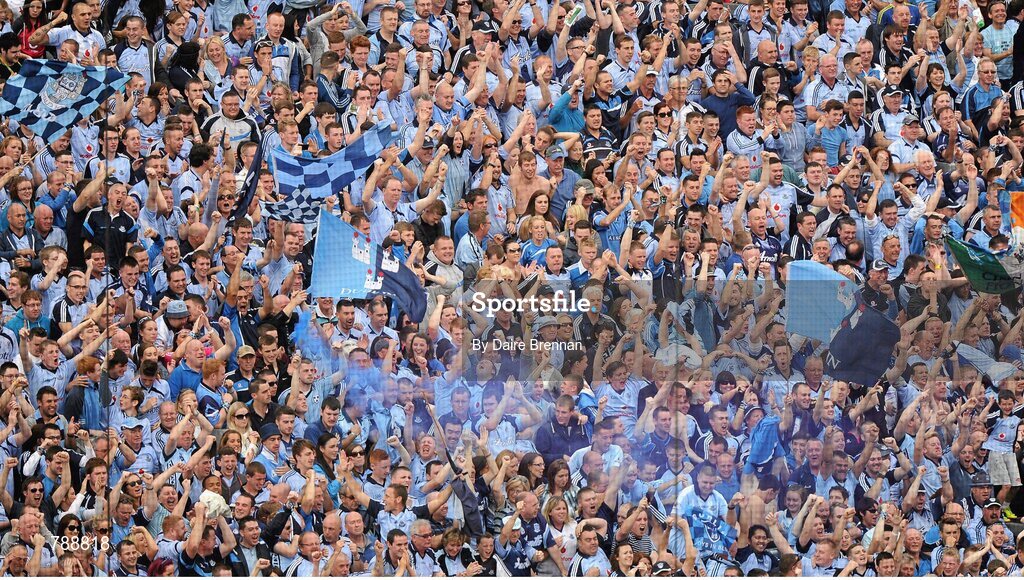 1 September 2013; Dublin supporters on Hill 16 celebrate near the end of the game. GAA Football All-Ireland Senior Championship, Semi-Final, Dublin v Kerry, Croke Park, Dublin. Picture credit: Dáire Brennan / SPORTSFILE